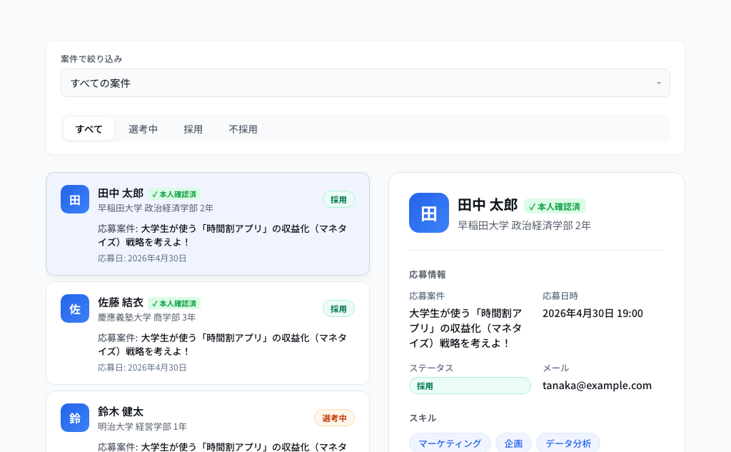 応募者審査画面